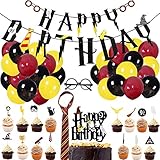 Magic Wizard Birthday Party Supplies for Kids Wizard Theme Party Decorations with Happy Birthday Banner Striped Tie Novelty Glasses Frame Cupcake Toppers Balloons for Boys Girls