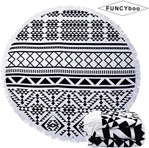 Beach Towel FUNCYboo with Fringe Tassels 59-Inch,Ultra Soft Super Water Absorbent Multi-Purpose, Circle Mandala Yoga Mat/Table Cloth/Indian Mandala mat Sand/Tassel Rug/Bath Cloth (Black+White)