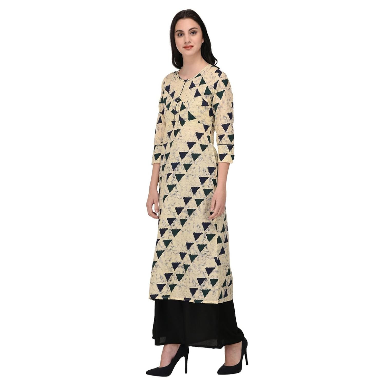 inaayo women's cotton 3/4 sleeve geometric print straight kurti