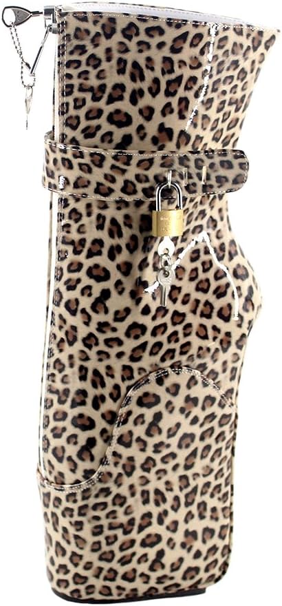 WONDERHEEL 7" Wedge Leopard Patent fetisch Ankle Boots Locked Zipper Padlocks Ballet Shoes