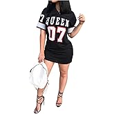 MenXu Women's Fashion Sexy V Neck Queen Letter Printed Package Dress Casual Hip Hop Short Sleeve Mini Dresses