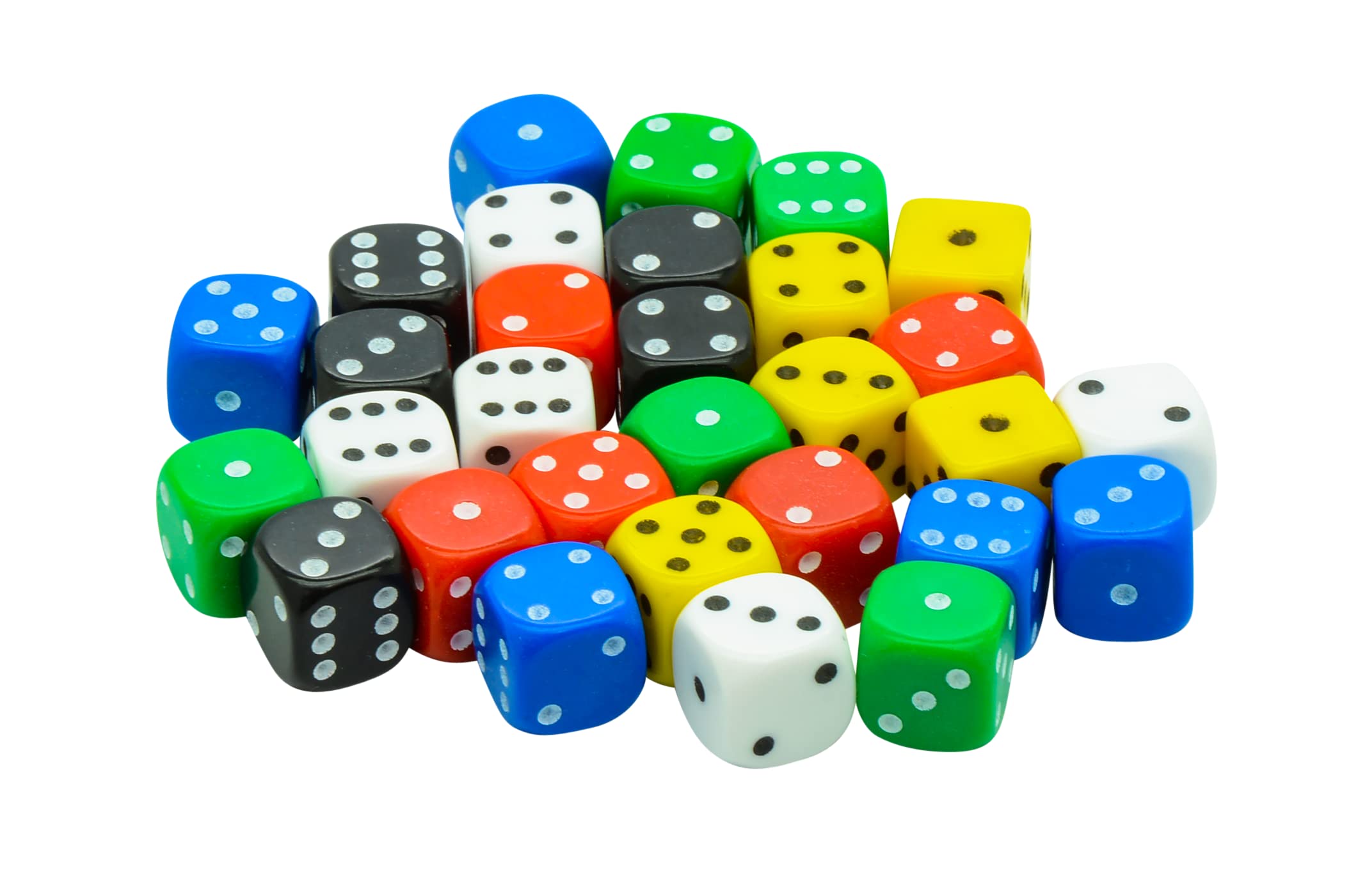 Multi Coloured D6 Dice Pack (30) - 10mm Small 6 Sided Dice in 6 Mixed Colours, White, Black, Green, Blue, Red & Yellow