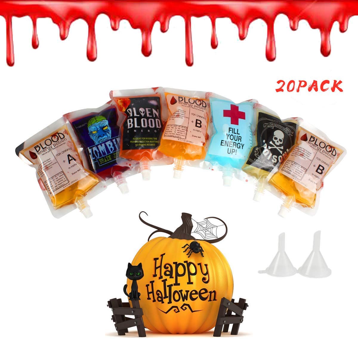Halloween Party Drinking Blood Bag AQUEOUS 250ML 8.5oz 20 Pack with