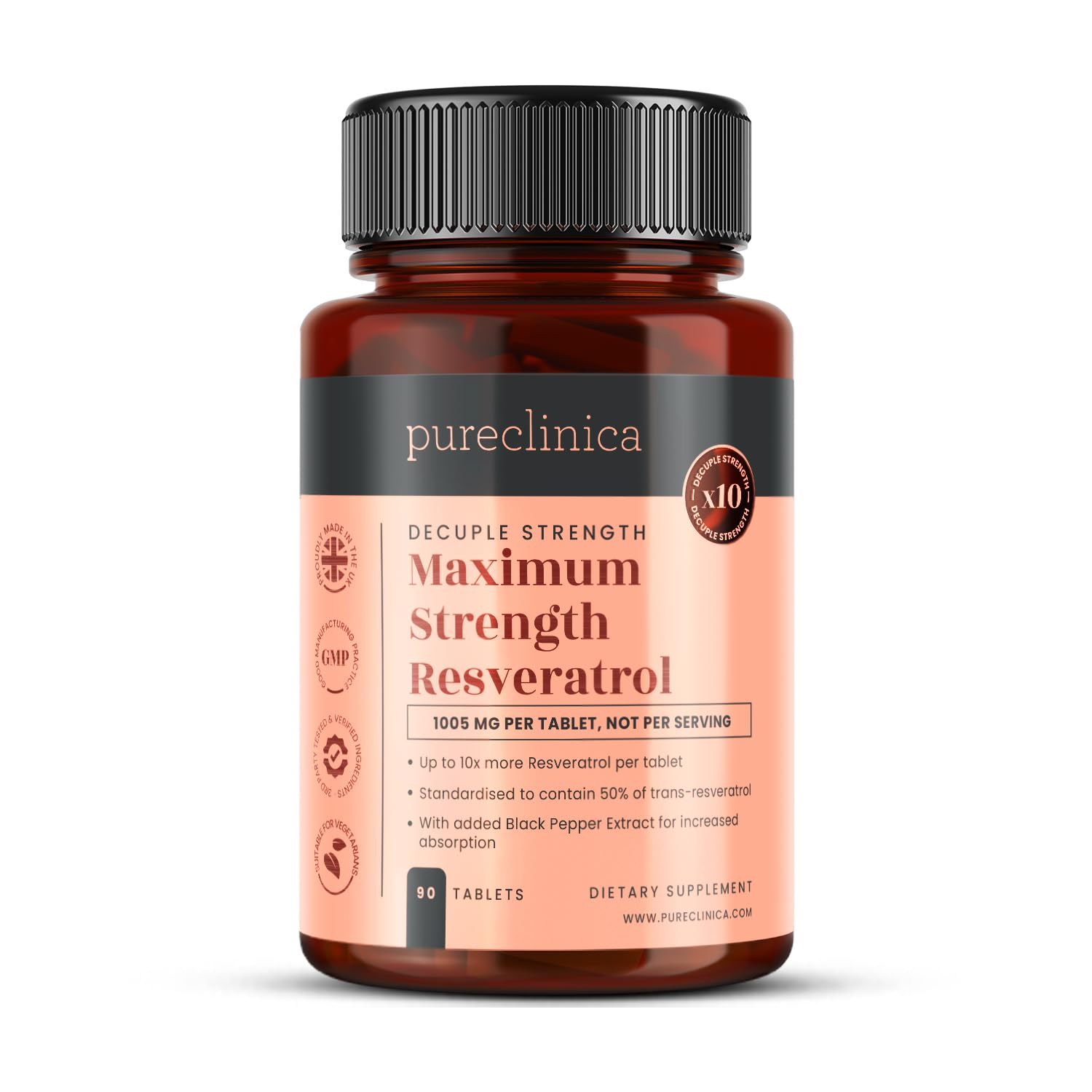 1000mg Resveratrol x 90 Tablets (3 Months’ Supply). 10 x Strength w/Black Pepper Extract