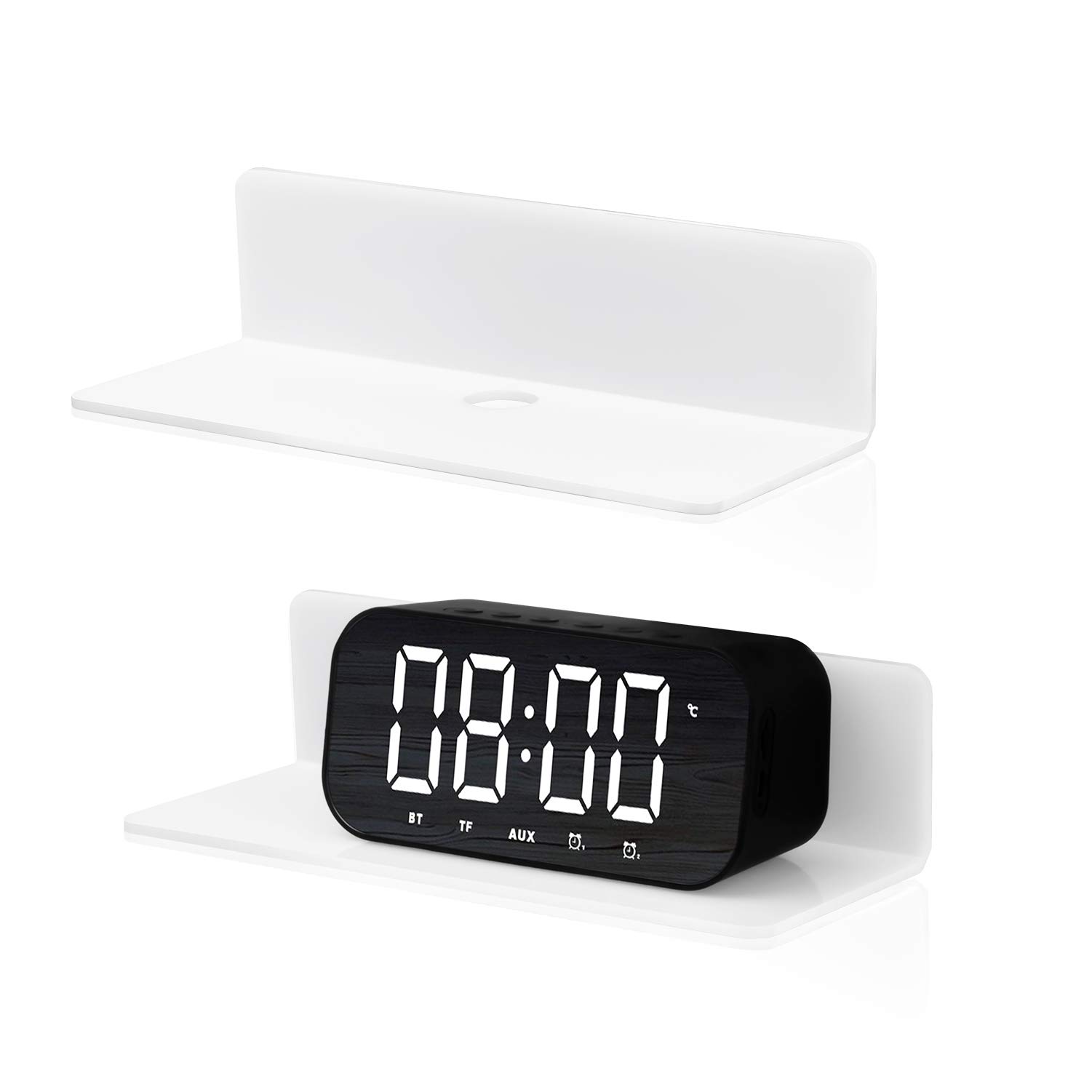 YestBuy Acrylic Floating Wall Shelves, 2 Pack White Display Shelf, Floating Corner Shelves, Small Display Shelf with Cable Clips for Smart Speaker, Webcam, Switch, Electronics (White 2 Pack)