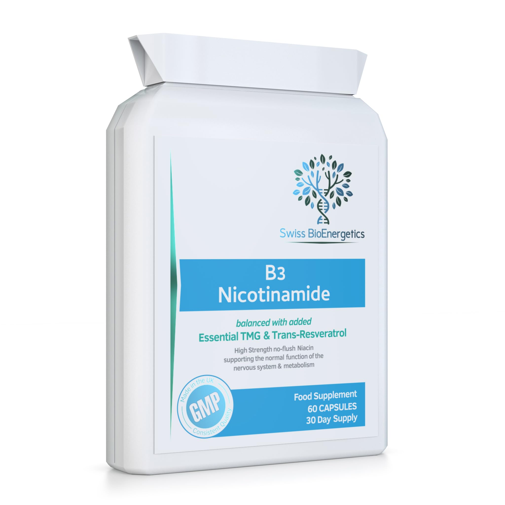Vitamin B3 Nicotinamide - High Strength no Flush Niacin - Balanced with Essential Tri-Methyl Glycine (TMG) & Trans-Resveratrol - UK Made