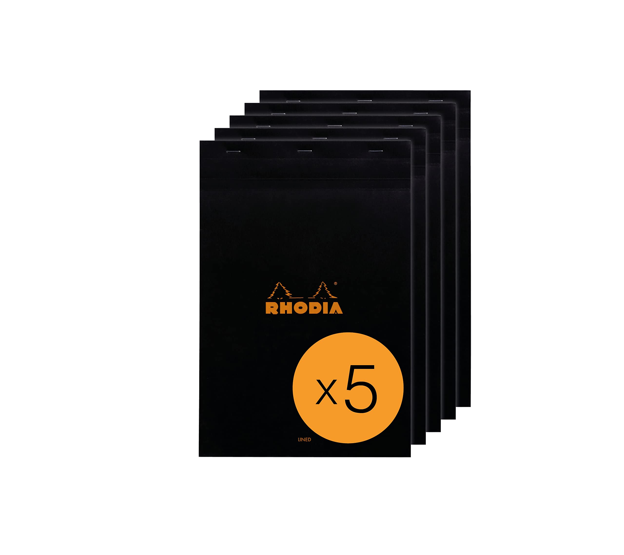 RHODIA 196009C - Stapled Notepad N°19 Black - A4+ - Lined - 80 Detachable Sheets - White Clairefontaine Paper 80 g/m² - Coated Card Cover - Pack of 5 pads