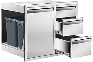 SGOLAN Outdoor Kitchen Door Drawer Combo Cabinet 28" W x 22" H x 19.5" D Stainless Steel Built-in Triple Drawers&Left Trash Drawer Combo Cabinet for Outdoor Kitchen Island, Patio Grill Station