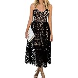 AlvaQ Womens V Neck Spaghetti Strap Lace Dress Sleeveless Sexy Backless Party Dresses with Pocket