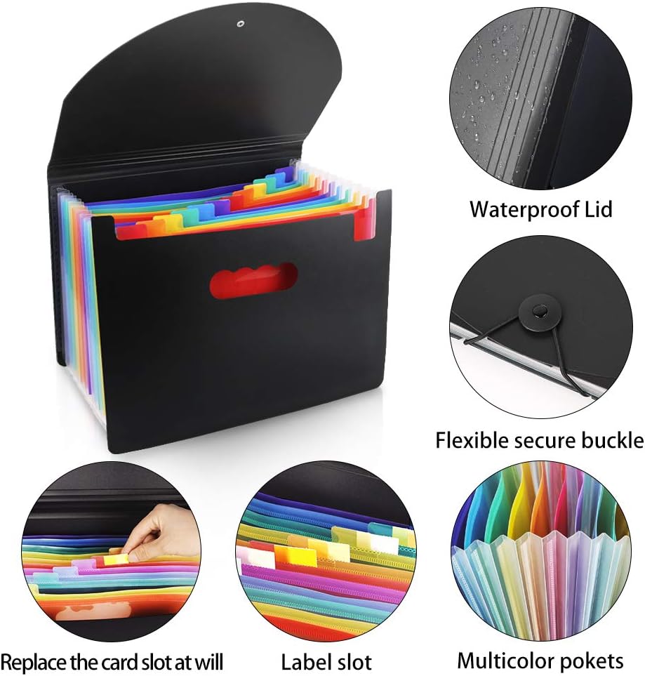Accordian File Organizer, 12 Pockets Expanding File Folder with Expandable Cover, Portable Filing Box, Desktop Accordion Folders, Plastic Colored Paper Document Paperwork Receipt Organizer(A4/Letter Size) : Office Products