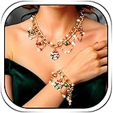 Sakytal Christmas Gold Necklace Bracelet Set Green Star Tree Jingle Bell Charm Xmas Party Jewelry for Women