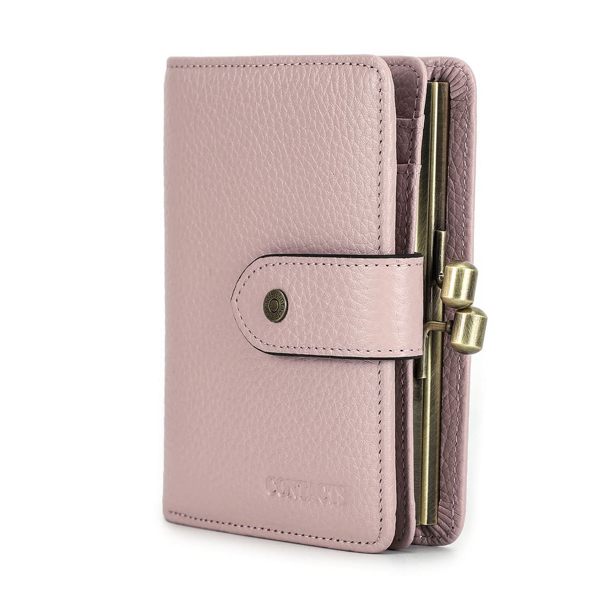 Photo 1 of CONTACTS Full Grain Leather Womens Kiss Lock Wallet Vintage Kiss Clasp Purse with 13 Card Slots Coin Holder Small Bifold Rfid Wallet(Pink)
