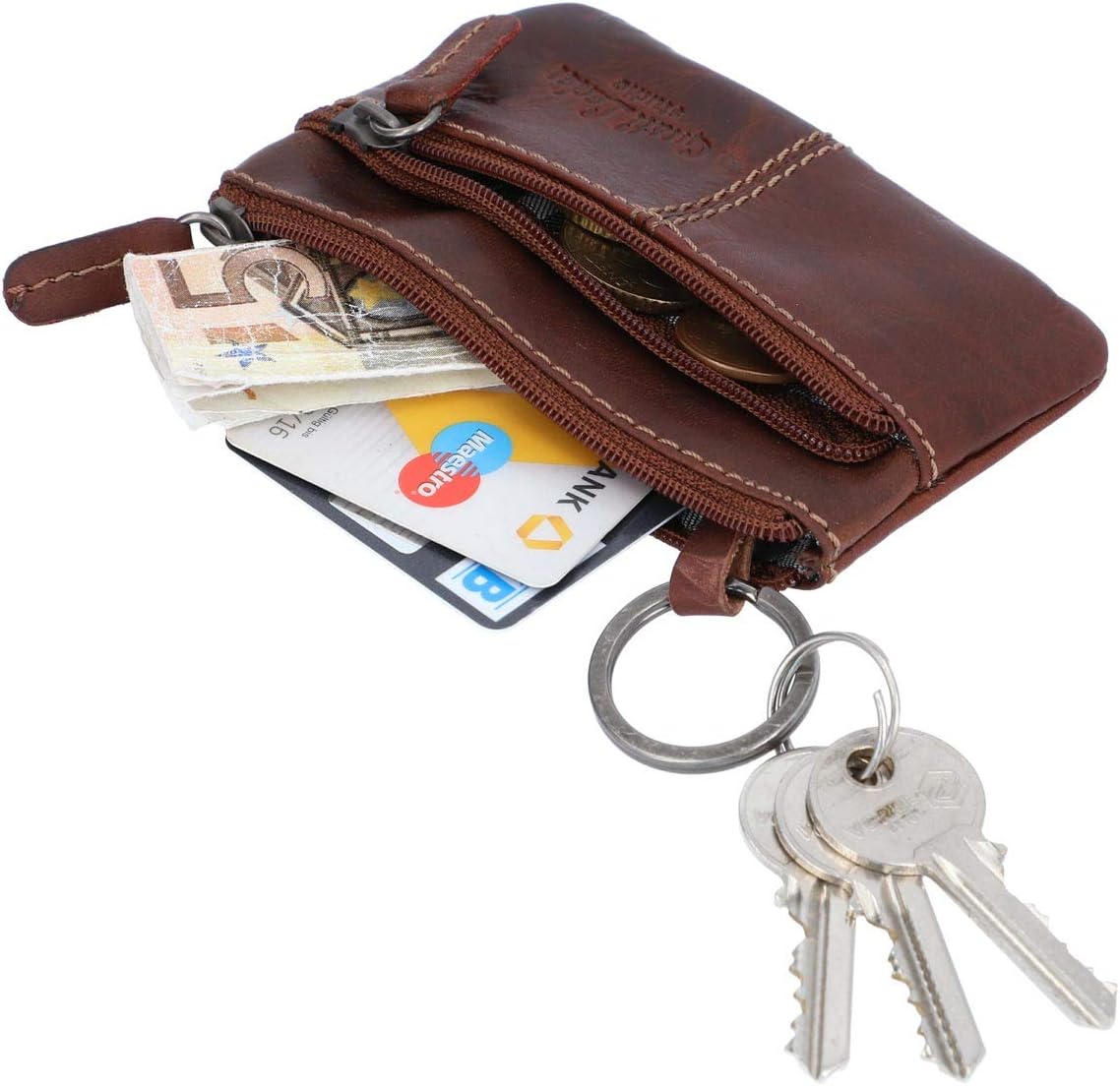 Gusti Key Case Leather, Compact Rook Brown Organizer, Genuine Vegetable-Tanned Leather, Zippered Pouch for Keys Cards, Coins - Image 4