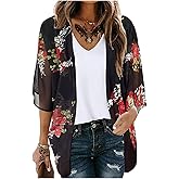 Fussangshu Women's Floral Print Puff Sleeve Kimono Cardigans Chiffon Casual Loose Open Front Cover Tops Cardigan Blouse