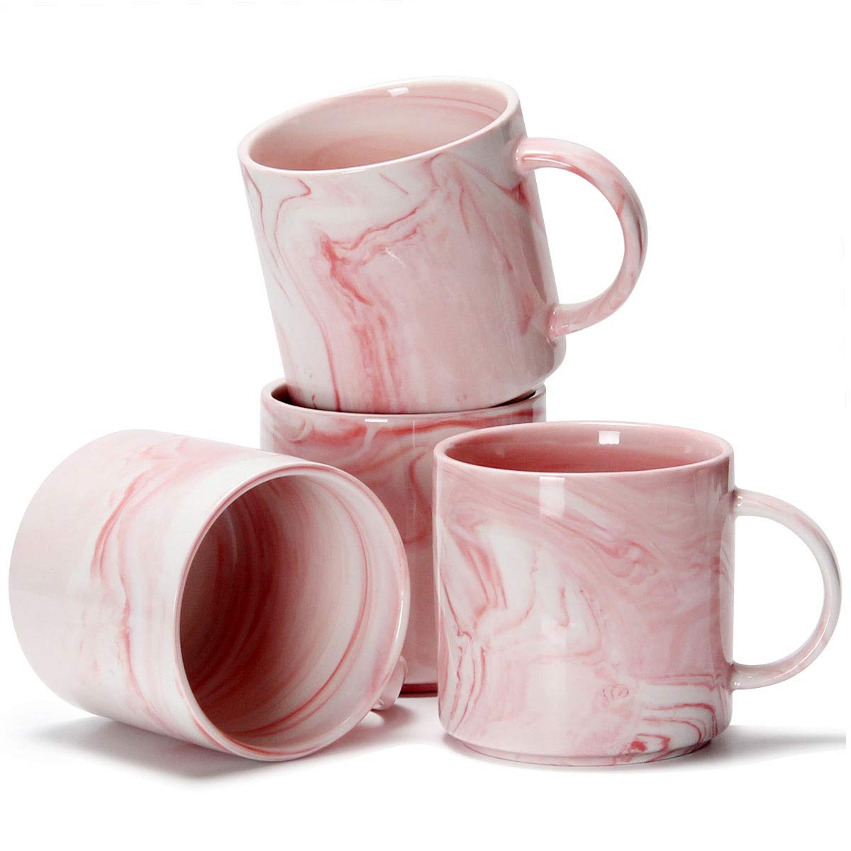 Smilatte 12 oz / 320ml Unique Coffee Mugs for Office, M101 Novelty Marble Ceramic Tea Cup for Boy Girl Lover Women, Set of 4, Pink