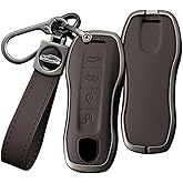 HIBEYO 4 Button Smart Key Fob Cover Compatible with Porsche 911 Cayenne Macan Panamera Taycan Key Holder Key Leather & Alloy Accessories with Keychains-4 Button Brown