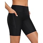 Tournesol Women's 7" Long Swim Shorts High Waisted Board Shorts Seamless Swim Bottoms UPF50+ Boyshorts with Pockets