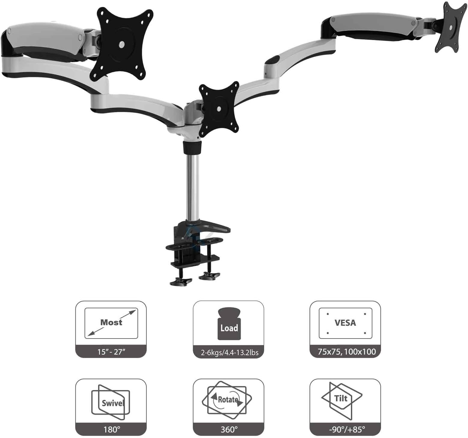 HFTEK® DS137S White Triple 3 Monitor desk mount stand holder bracket for screen monitor 15" to 27" inches with VESA 75/100