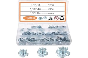 TSURPCAO T-Nuts(120 Pack),Tee Nut 1/4"-20,5/16"-18, 3/8"-16,Pronged Tee Nut, T Nut 4 Prong Tee Blind Nuts for Wood, Rock Climbing Holds, Cabinetry (total120 Pack)