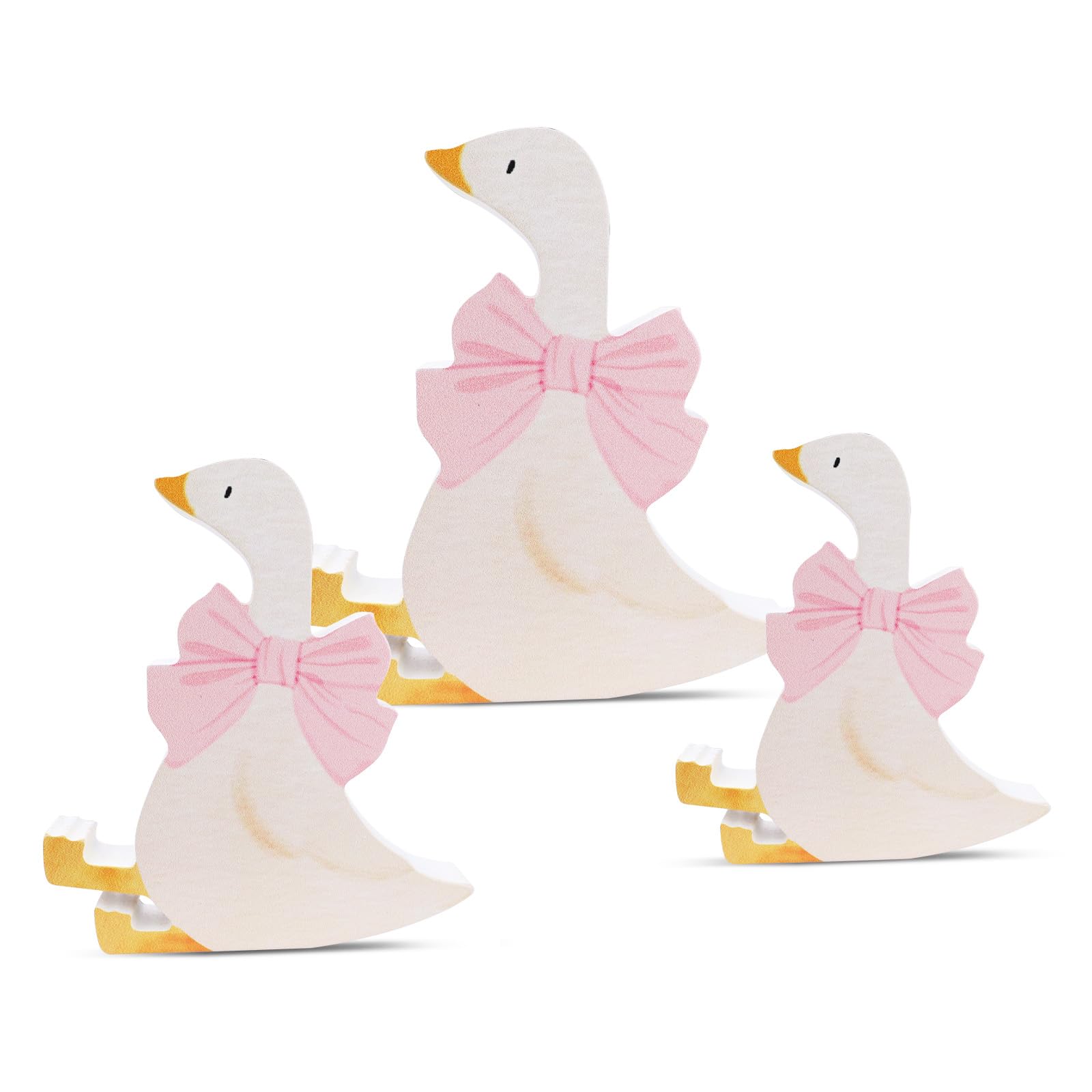 Wooden Silly Goose Decorations 3PCS 3 Sizes - Sitting White Goose Decor with Pink Bow, Funny Table Centerpieces for Themed Parties, Festive Celebrations & Weddings, Home Decor Items