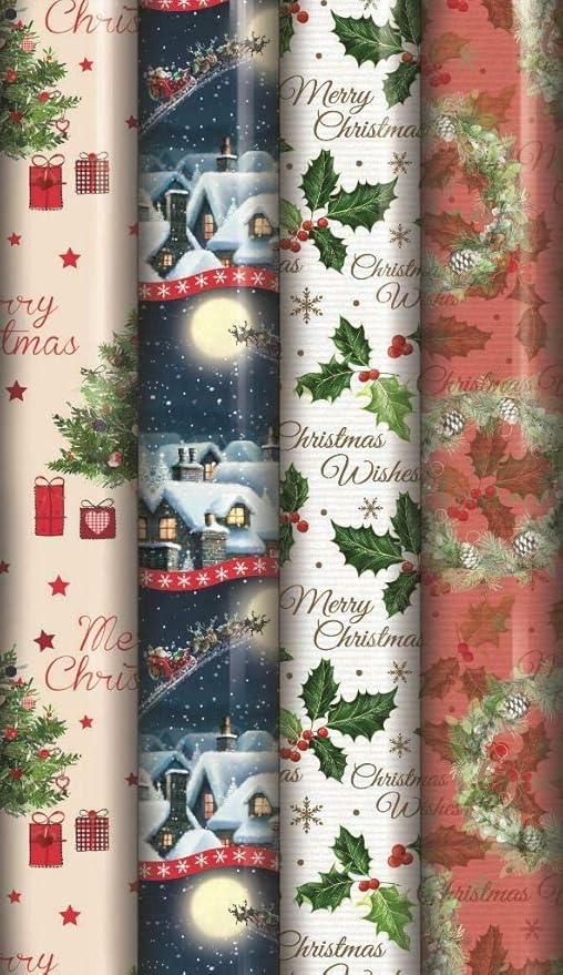 4 X 8M ROLLS CHRISTMAS XMAS WRAPPING PAPER ASSORTED DESIGNS ASOS SANTA