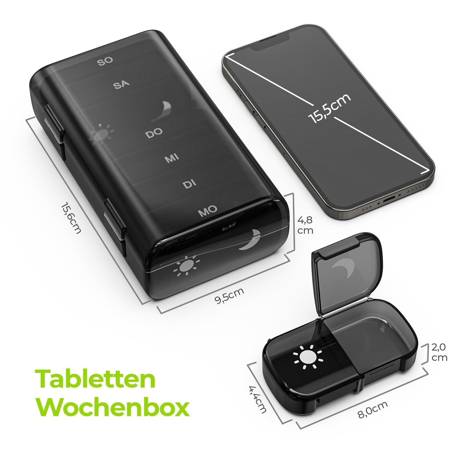 AUVON Tablettenbox 7 Tage Morgens Abends, Handlicher Medikamentenbox Pillendose mit großen Fächern & Privacy-Schutz in Schwarz - Ideal für Medikamente, Vitamine, Fischöl & Nahrungsergänzungsmittel 7