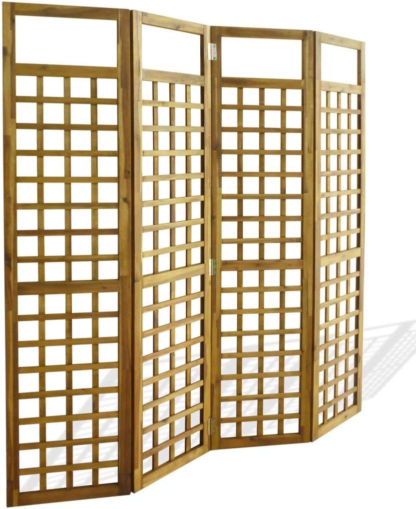 Solid Acacia Wood 4-Panel Room Divider Privacy Screen Folding Trellis Patio Divider Plant Support Galvanised Hardware Natural