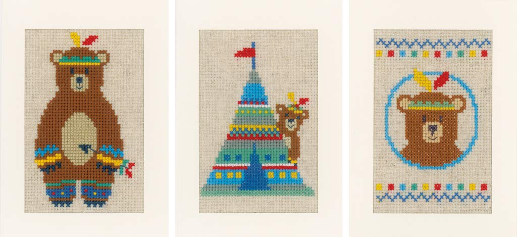 Vervaco Counted Cross Stitch Kit: Cards: LIEF Indian Bear: Set of 3, Acrylic, NA, 10.5 x 15cm
