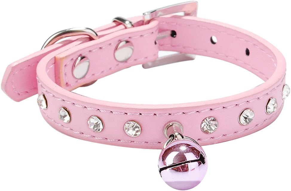 Yunt Fashion Shining Crystal Rhinestones Cute Soft PU Leather Puppy Dog Cat Collars with Safety Adjustable Buckle and Bell(Pink)