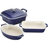 STAUB Ceramic 4-pc Baking Pans Set, Casserole Dish with Lid, Brownie Pan, Dark Blue