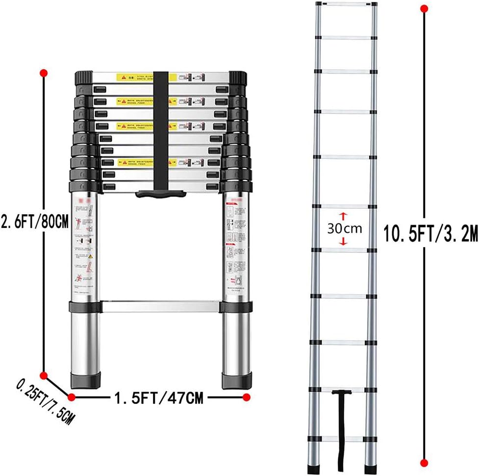 Telescoping Ladder 10.5ft/3.2m Aluminum Multi Telescopic Extension Ladder One-Button Inward Sliding Retraction with EN131 Certified - - 