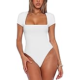 REORIA Womens Sexy Square Neck Double Lined Shirt Stretchy Basic Short Sleeve Going Out Thong Bodysuit Tops