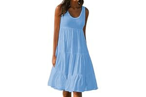 GENERIC 2024 Summer Dresses for Women,Sleeveless Crewneck Casual Midi Dress Flowy Solid Color Spring Dress Knee Length Shift Dress