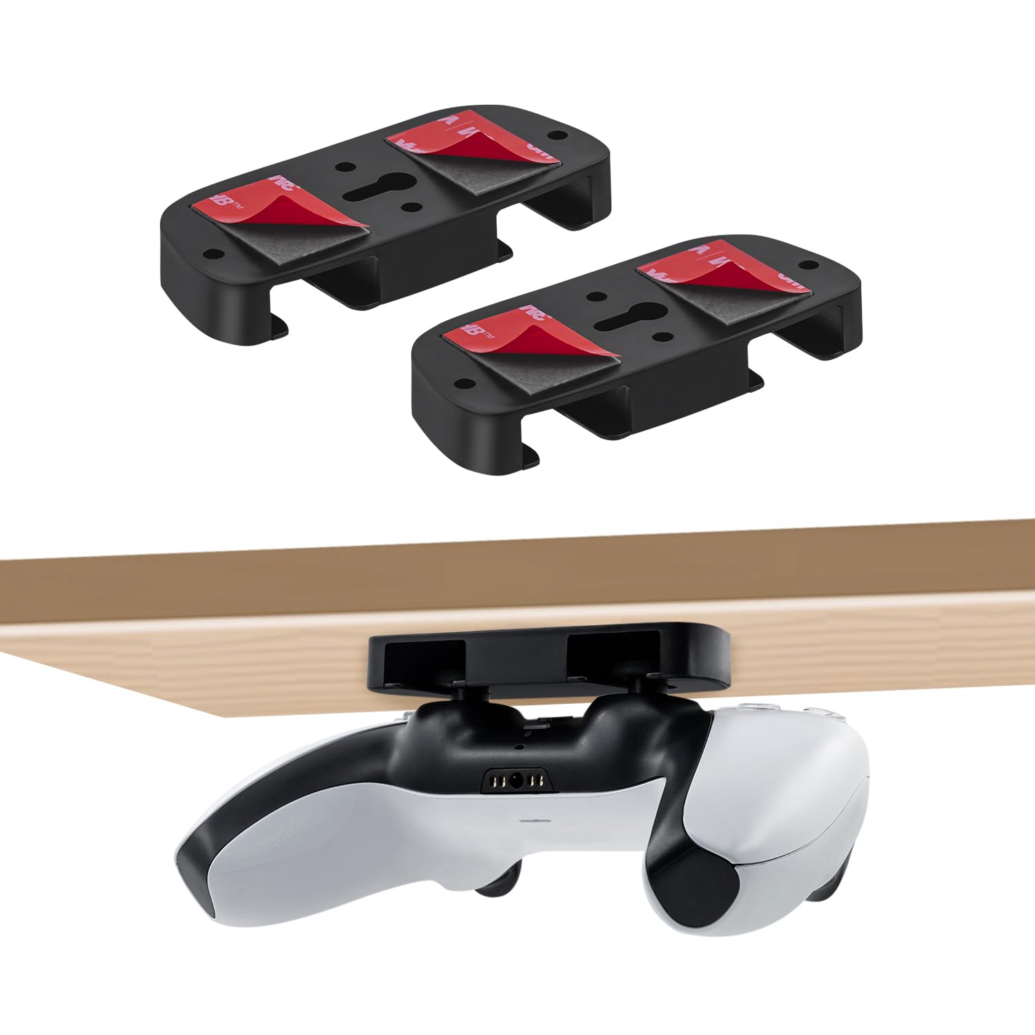 Mcbazel Under Desk Mount for PS5/PS4 Controller, PlayStation 5/PlayStation 4 Controller Holder, No Drill Adhesive Tape Table Stand, ABS Material, 2 Pack (Not for PS5 Slim/PS5 Pro)