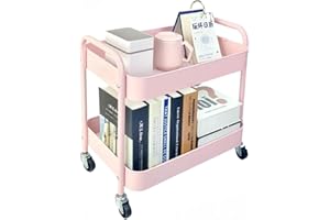 LIWNYRK 2 Tier Pink Rolling Cart with Wheels for Under Desk Storage, Large Capacity Rolling Pantry & Kitchen Storage Cart for Small Space, Sturdy Metal Bathroom Shelf Laundry Room Organization