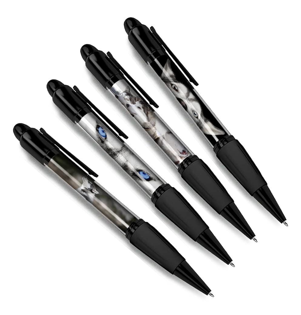 DV DESIGN Set of 4 Husky Black Ballpoint Pens - Puppy Animals Pets Siberian Alaskan Malamute Dogs Friends Boys Girls Men Women Theme Pen #79366