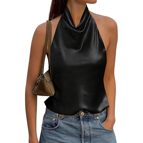 MakeMeChic Women's Summer Satin Silk Backless Halter Tank Tops
