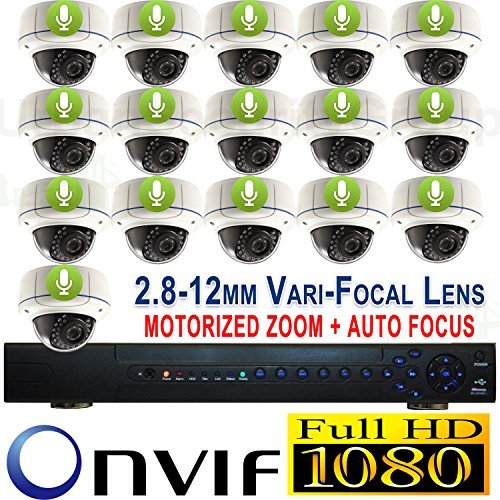 USG 2016 1080P HD IP CCTV Kit With Motorized Auto Zoom Cameras + Audio: 1x 24 Channel NVR + 16x 1080P 2.8-12mm PoE IP Dome Cameras With Motorized Lens & Audio Upgrade + 1x 4TB HDD Business HD CCTV