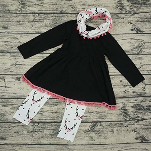 HOT SALE! Napoo 3PCS Girls Christmas Plum Giraffe Tunic Dress +Pants+Scarf Clothes Outfits (6T, Black)