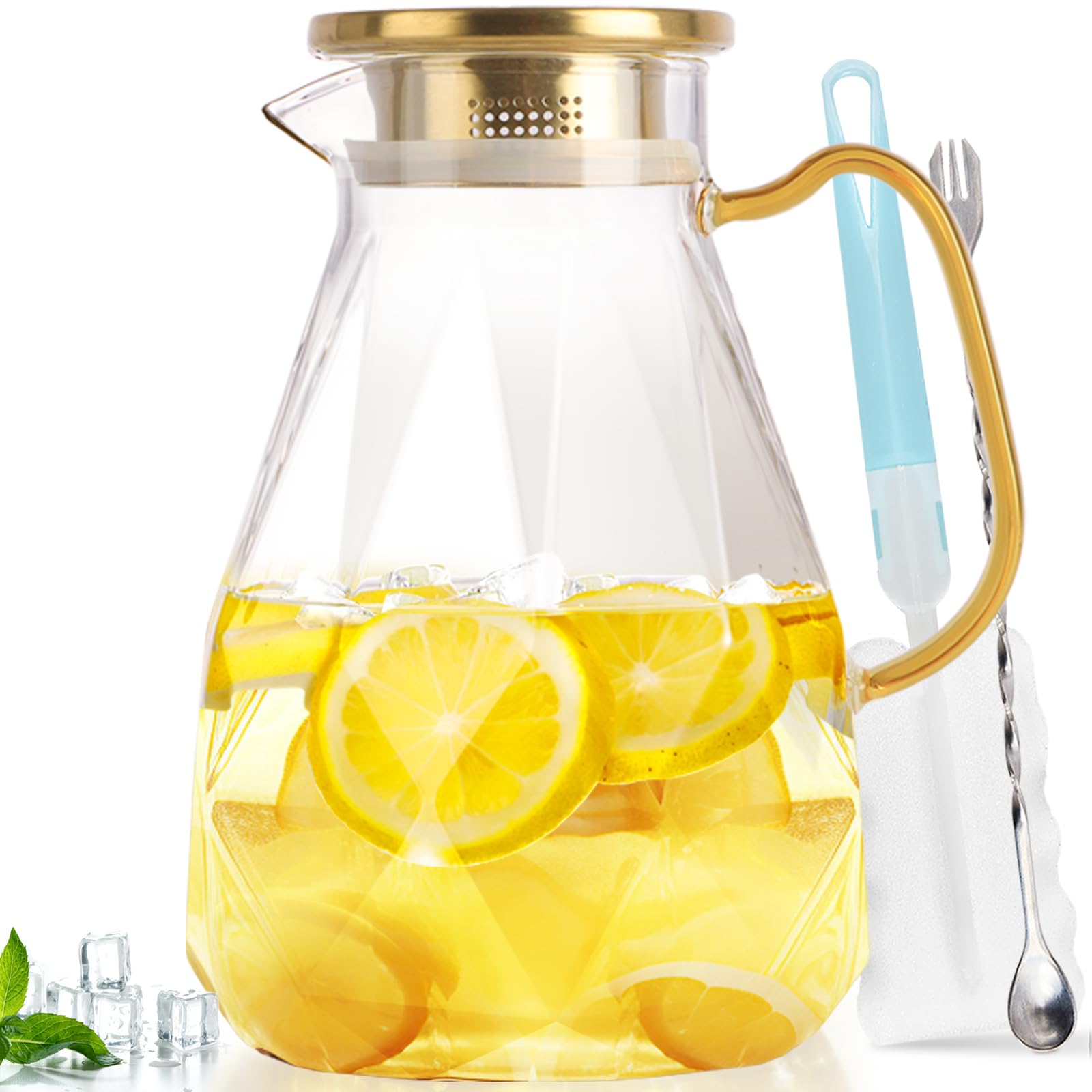 Photo 1 of *MISSING SPOON* Yirilan Glass Pitcher, 2.4Liter Water Pitcher With Lid, Iced Tea Pitcher for Fridge, Glass Water Carafe With Lid, Glass Water Jug, Large Drink Pitcher For Juice, Milk, Cold Or Hot Beverages, 2400ML