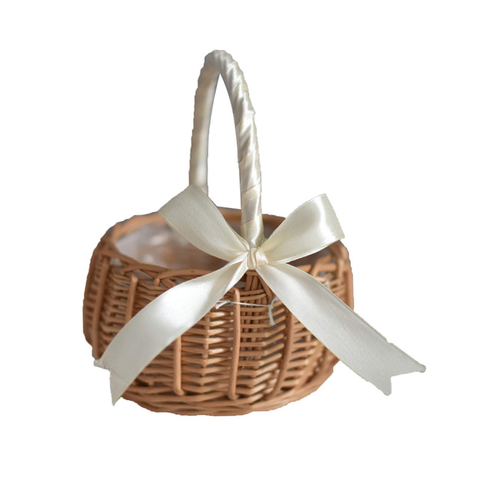 Wicker Rattan Flower Basket, Wedding Flower Girl Baskets, Willow Handwoven Basket with Handles and Plastic Insert, Woven Eggs Candy Basket for Home Garden Decor (S, White)