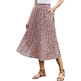 EXLURA Womens High Waist Polka Dot Pleated Skirt Midi Swing Skirt with Pockets Pink-Leopard