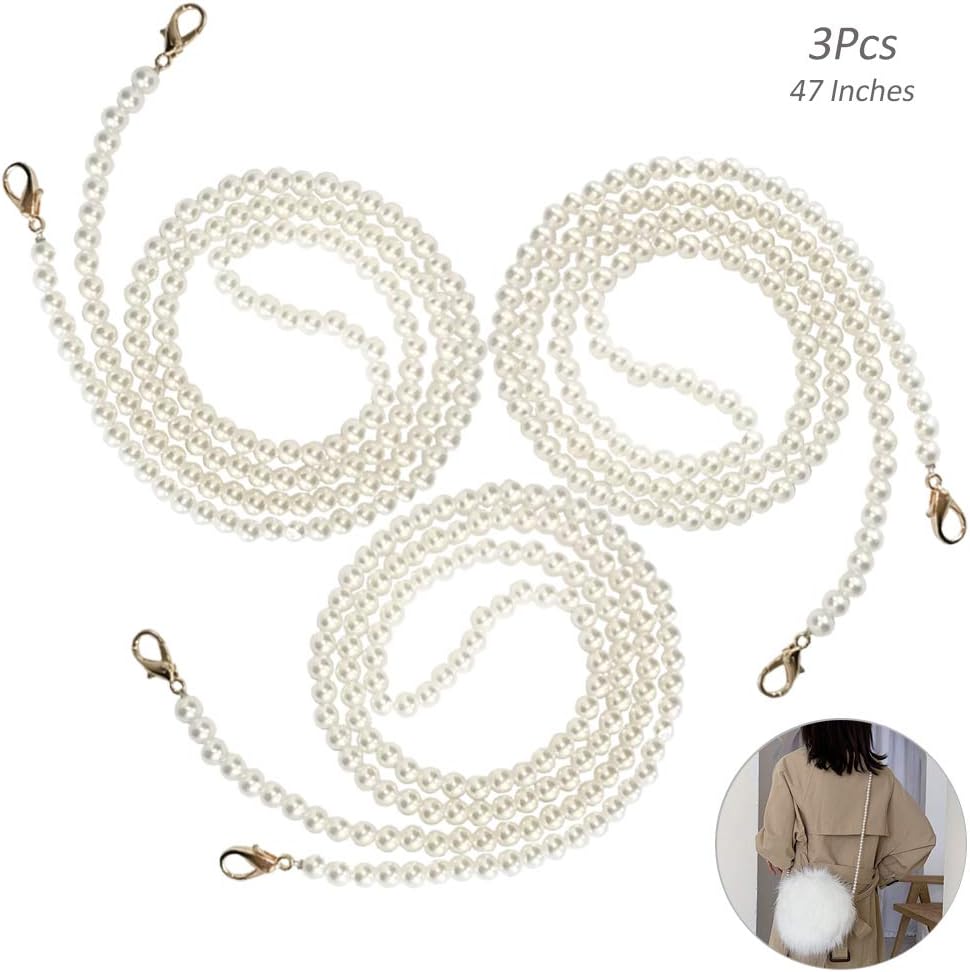 3Pcs DIY Round Imitation Pearl Bead Replacement Chain Strap, Creatiees Handbag Chains Accessories Purse Shoulder Cross Body Straps with Metal Buckles (120cm/47 Inches)