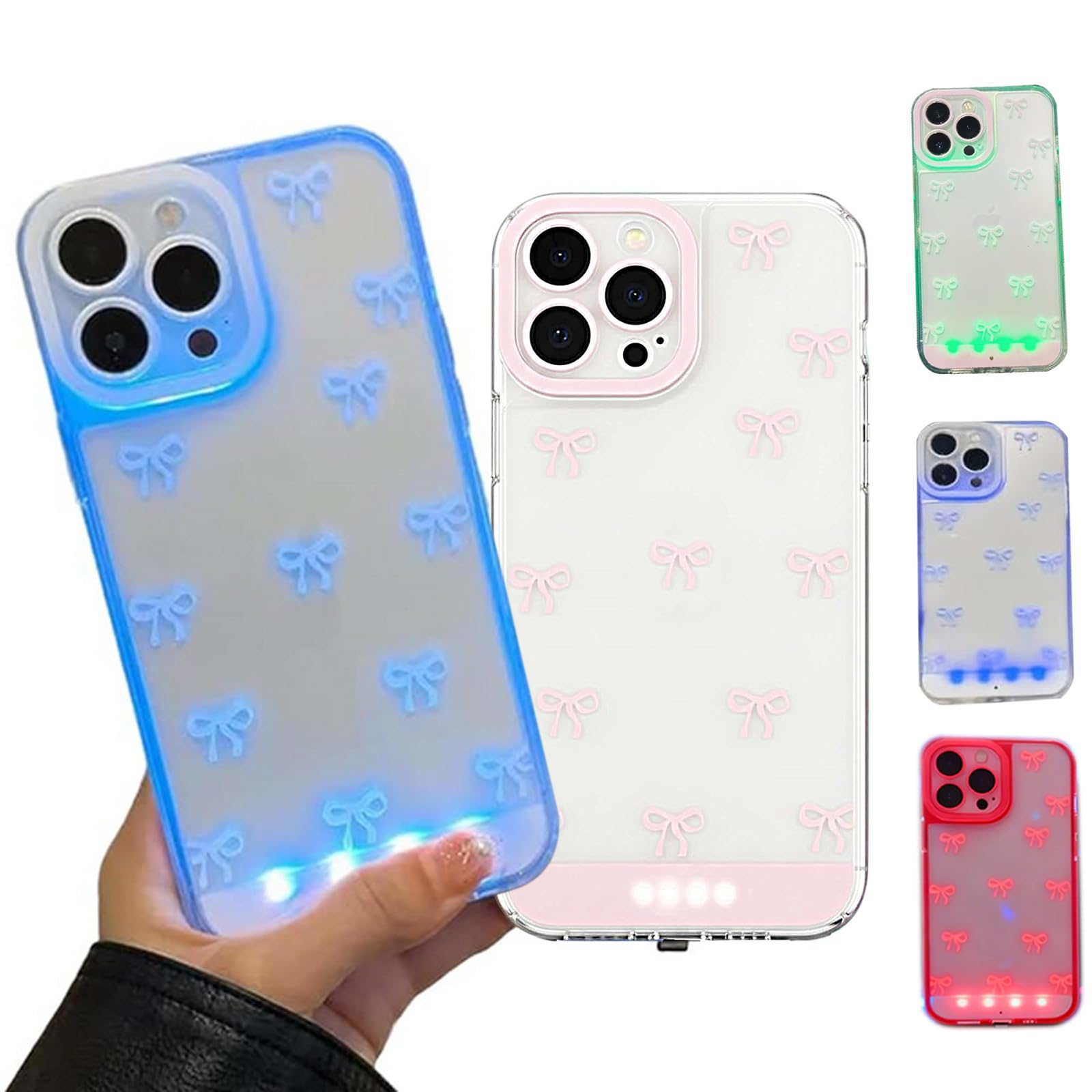 Vibrant LED Bowknot Phone Case, Built-in LED Phone Case, Incoming Call Flash Light Up Phone Case for iPhone 13/14/15/16/17 Pro/Plus/Pro Max (Pink, iPhone 15 pro)