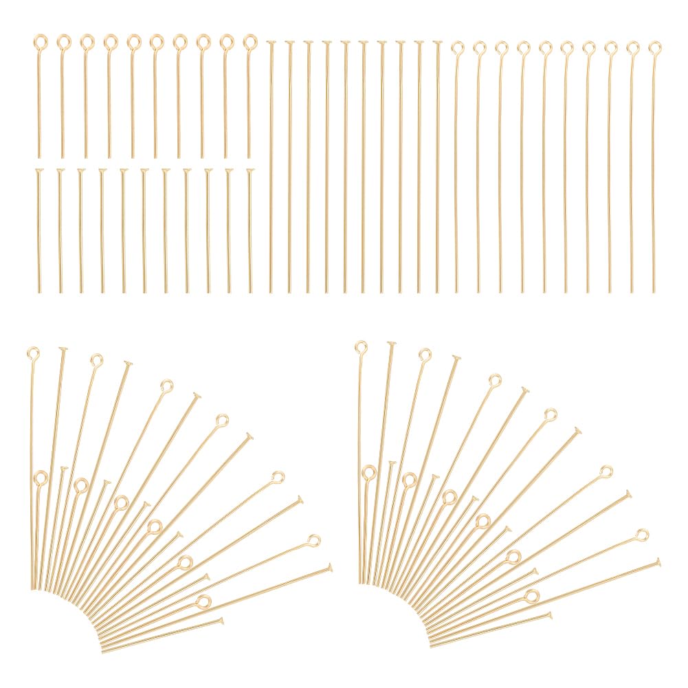 UNICRAFTALE 240Pcs 4 Styles Open Eye Pin 304 Stainless Steel Eye Pins 25/50mm Gold Plated Flat Head Pins Metal Head Pins for Earring Bracelet Pendant Necklace Jewelry Making