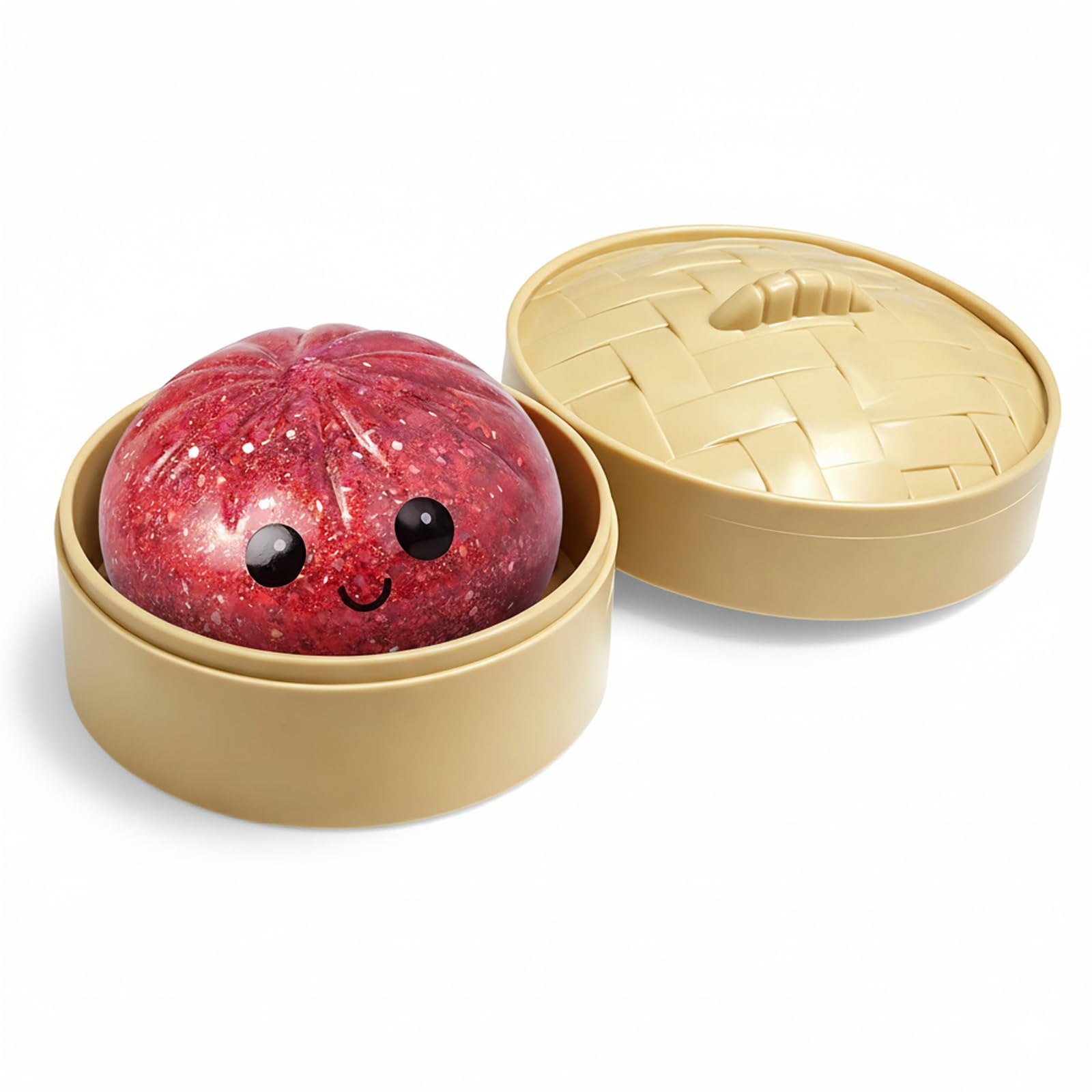 Red Dumpling Squishy with Steamer Basket, Dim Sum Style Squeeze Item, Tactile Sensory Object for Desk Display, Creative Relaxation Piece for Home and Office