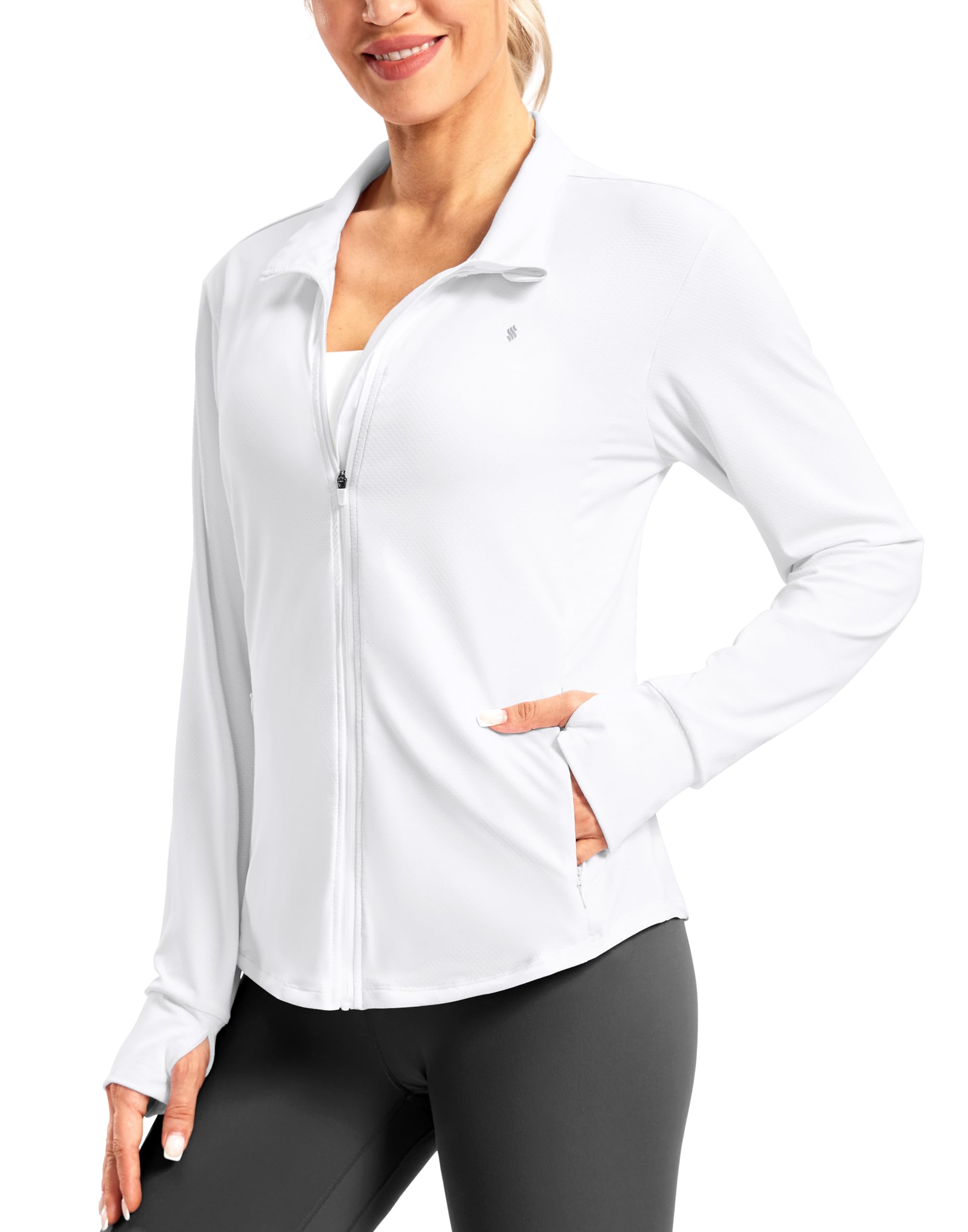 Photo 1 of Soothfeel Women's UPF 50+ Lightweight Athletic Jackets Sun Protection Zip Up Long Sleeve Shirts Hiking Workout Outdoor Pocket, White, XL