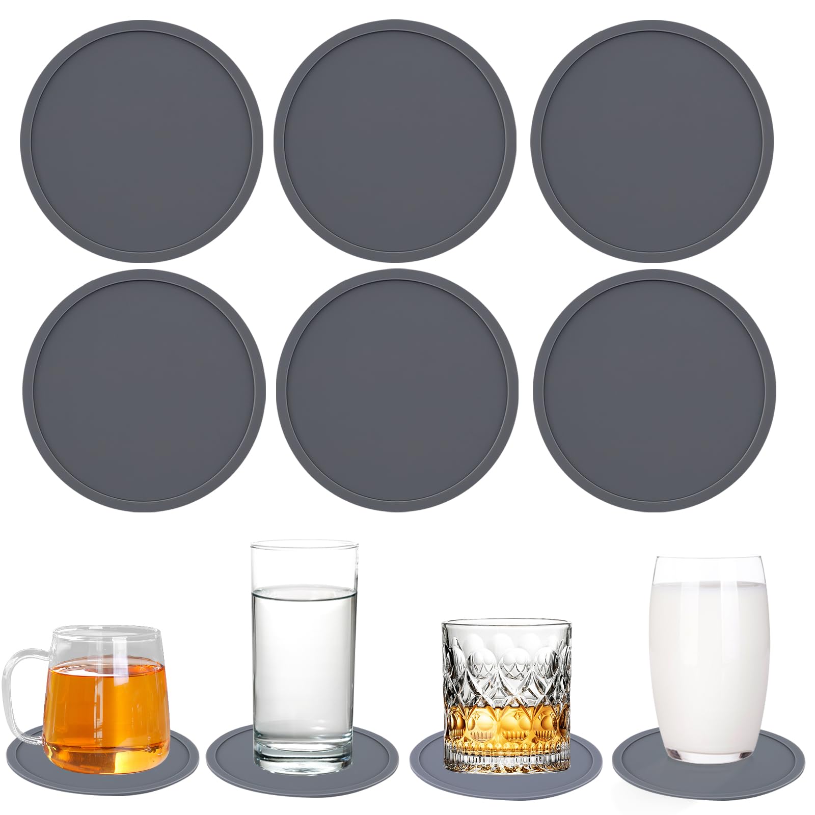 OUZHOU Silicone Coasters for Drinks, Coasters Set of 6 10cm Grey Round Coasters, Non Slip Silicone Cup Mats for Coffee Beer, Heat Resistant Round Grey Drinks Coasters for Home Office Bar