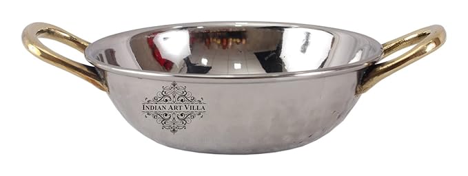Indian Art Villa Steel Kadhai Kadai Wok|Double Layer with Brass Handle|Serving Dishes|Volume 675 ML