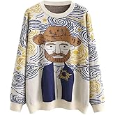LILILEIDY Women's Long Sleeve Crew Neck Sweatshirt Knit Pullover Casual Van Gogh Cartoon Sweater